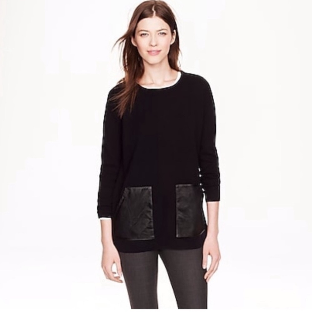 J.Crew 100% Merino Wool Black Leather Pocket Tunic Sweater Size XS